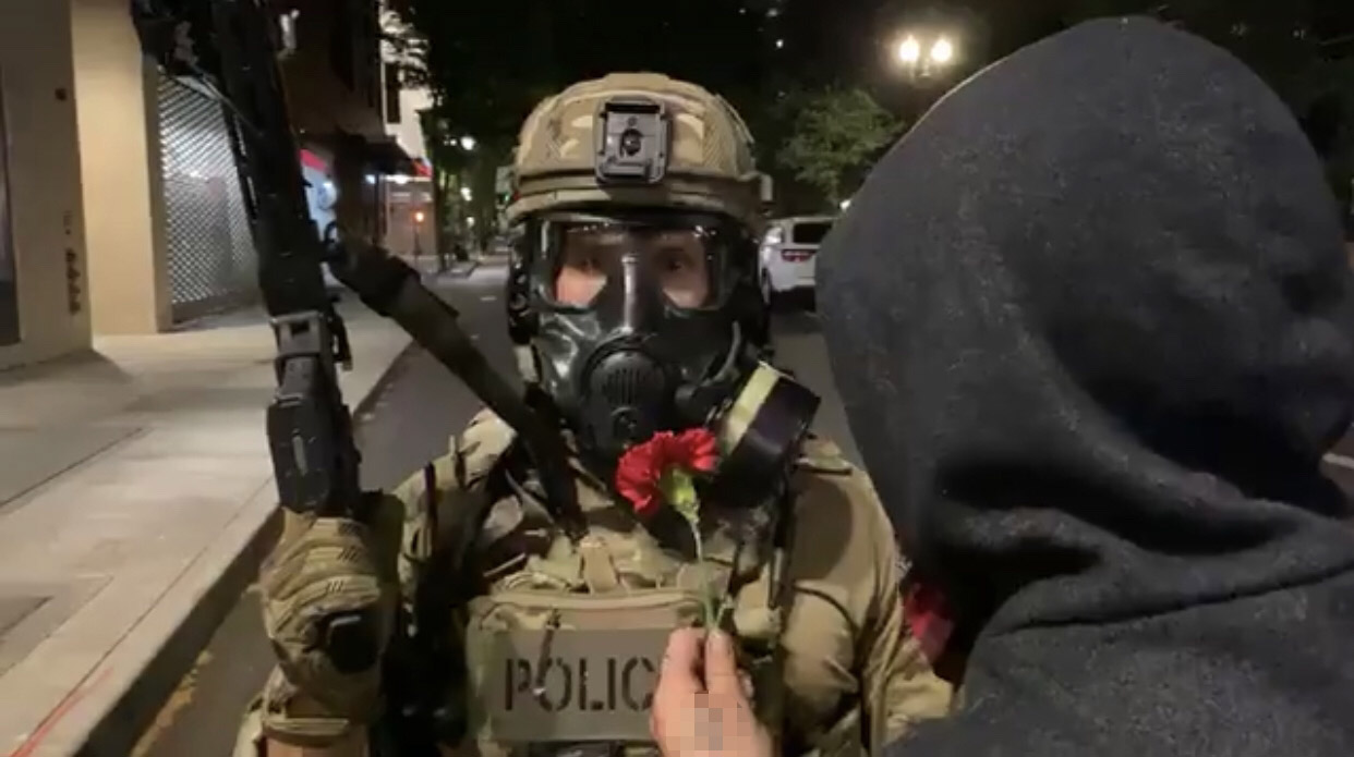 Protestor still offering a flower to officer