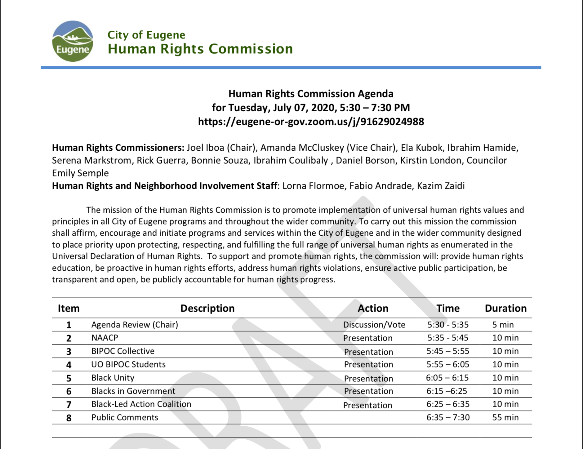 Eugene Human Rights Commision Agenda
